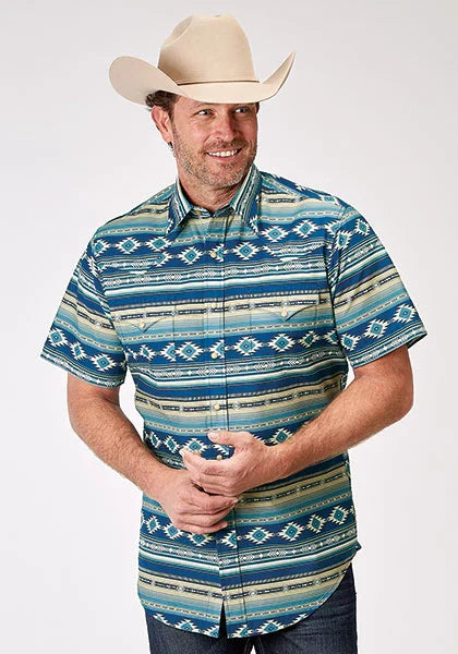 The Story of the Roper 1899 Aztec Blanket Print Blue Men’s Short Sleeve Shirt