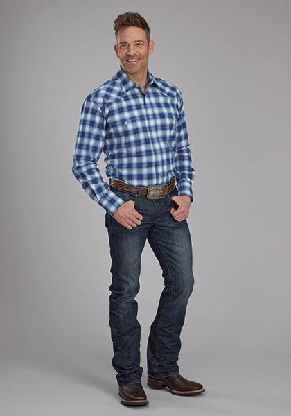 Roper 2164 Stretch Plaid (Blue) - Men's Western Shirt
