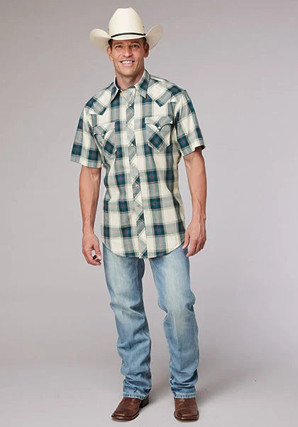 Roper 2006 Tile Plaid (White) - Men's Short Sleeve Shirt