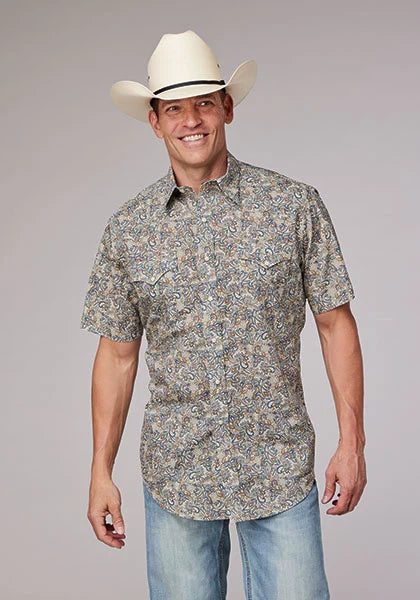 Roper 2009 Sketchy Paisley Print (Brown) - Men's Short Sleeve Shirt