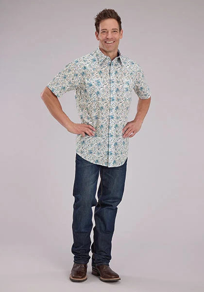 Roper 2463 Vintage Paisley Print (Blue) - Men's Short Sleeve Shirt