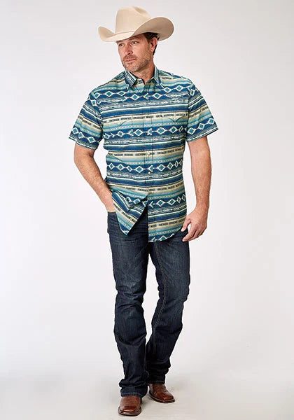 Roper 1899 Aztec Blanket Print (Blue) - Men's Short Sleeve Shirt