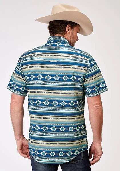 Roper 1899 Aztec Blanket Print (Blue) - Men's Short Sleeve Shirt