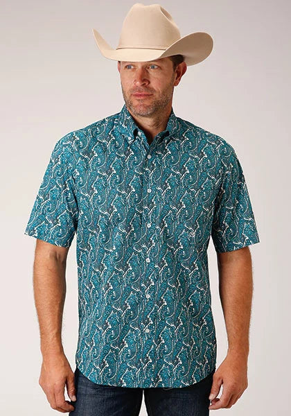 Roper 1449 Upstream Paisley (Blue) - Men's Short Sleeve Shirt
