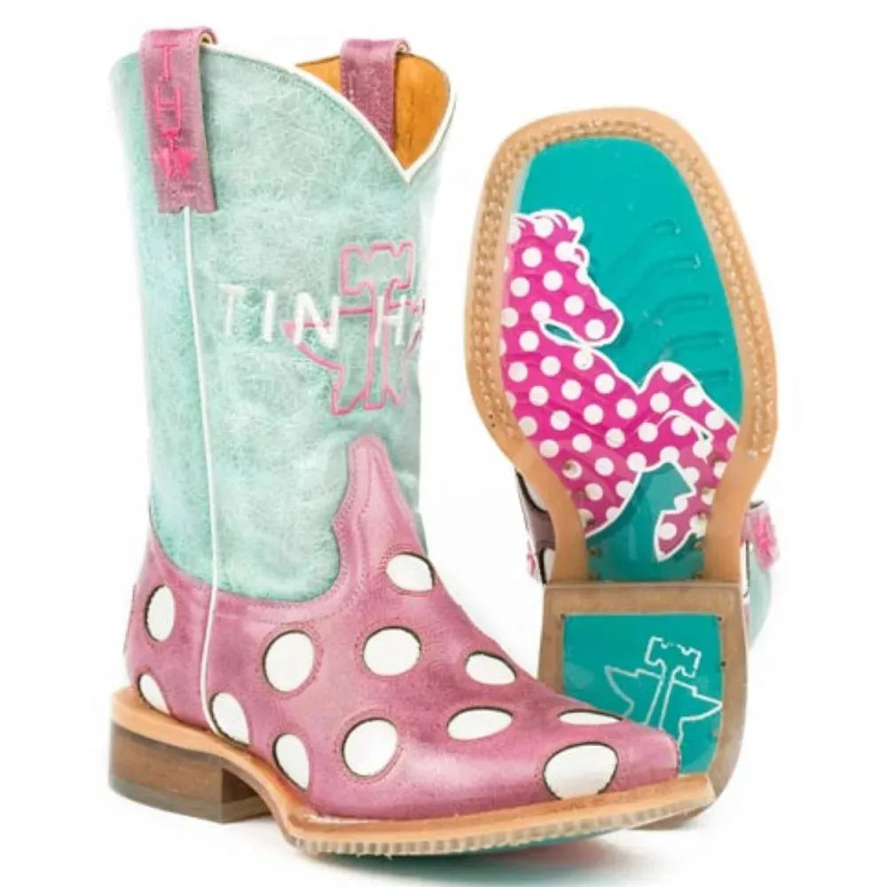 Tin Haul Little Miss Dotty / Horse A Dot Sole (Pink) - Little Kids/Big Kids Leather Cowgirl Boots