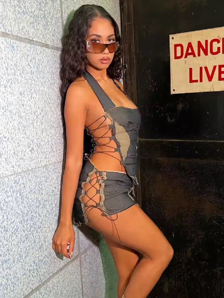 Patchwork Lace-Up Set