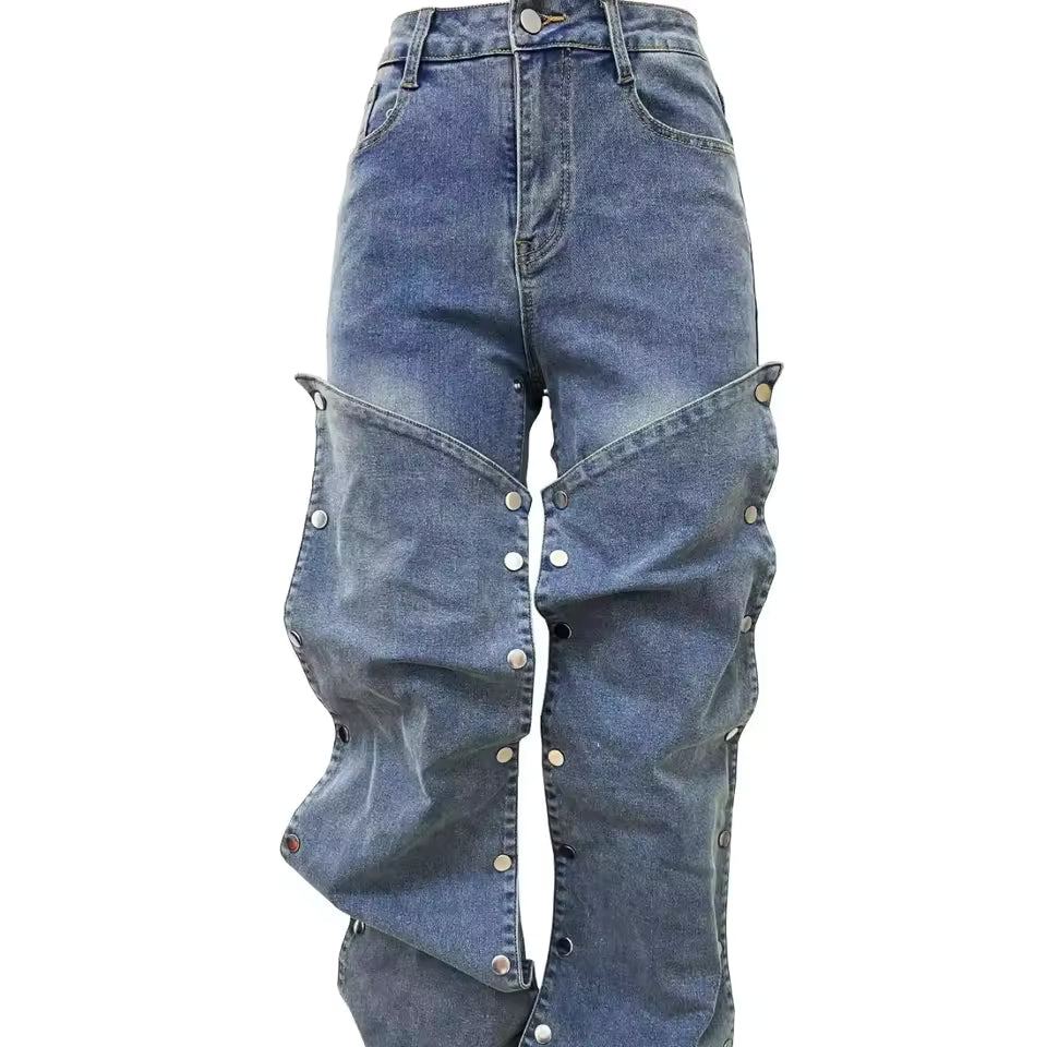 Studded Panel Wide Leg Jeans