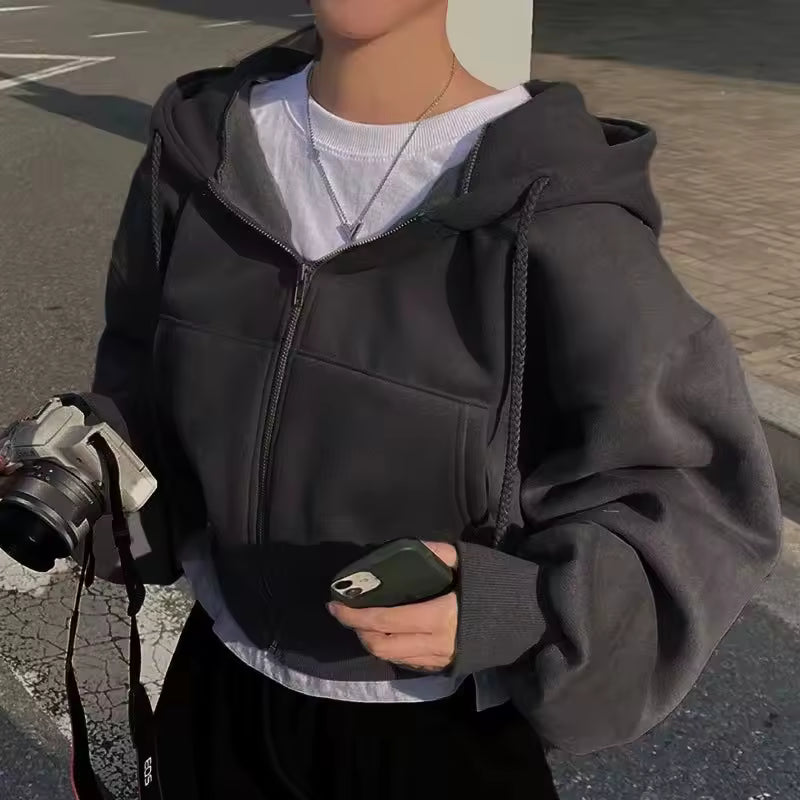 Solid Print Zip Up Crop Jacket