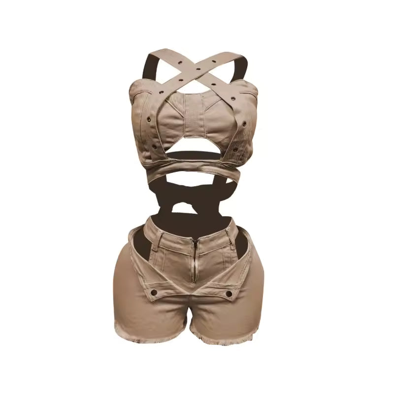 Crossover Cutout Denim Set